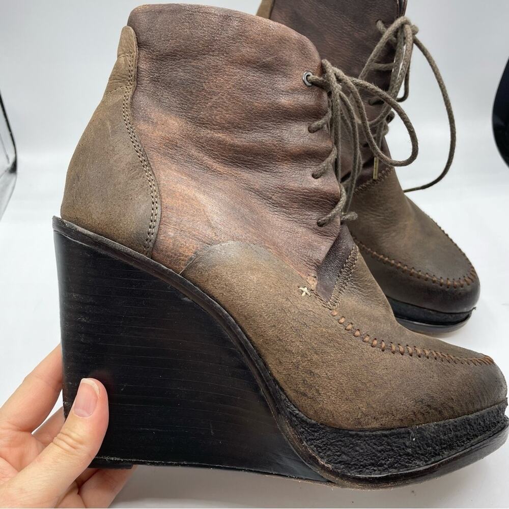 Rag & Bone Brown Leather Combat Wedge Ankle Boots Distressed Womens 9 Lace Up - Picture 3 of 14